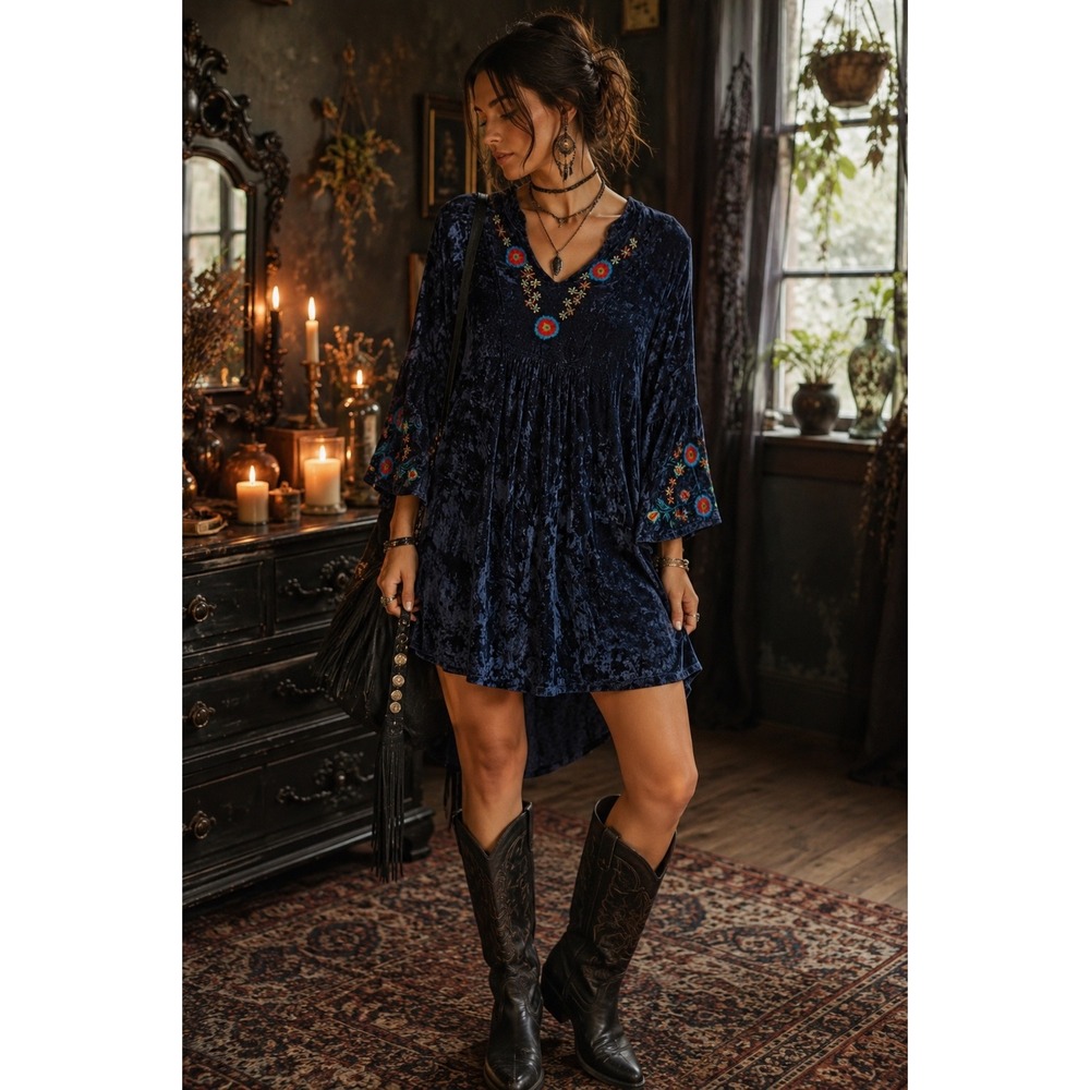 Boho Velvet Tunic Dress Embroidered Floral Blue Whimsigoth Johnny Was Vibes